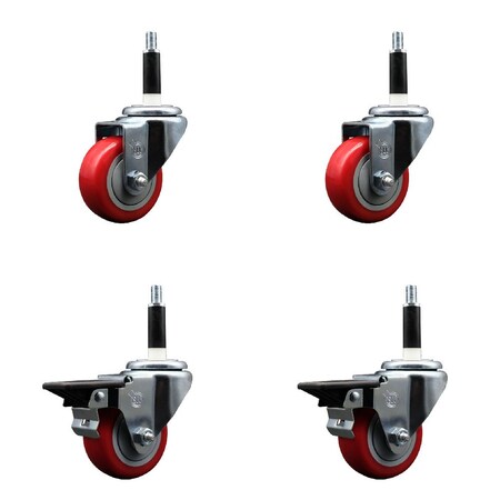 Service Caster 3'' Red Poly Wheel Swivel 7/8'' Expanding Stem Caster Set 2 Brakes, 4PK SCC-EX20S314-PPUB-RED-2-PLB-2-78